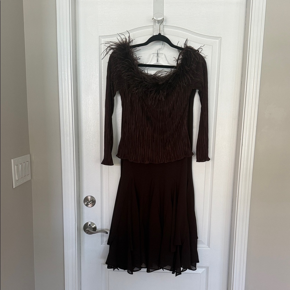 Chocolate Brown Feather Trim Top Skirt Set Off Shoulder Formal Party M